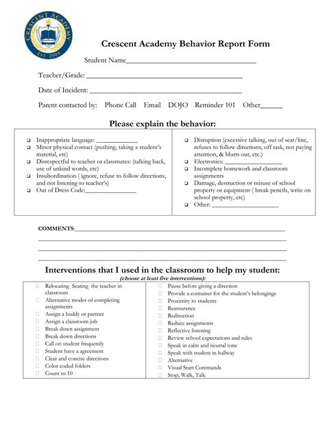 student behaviour report template